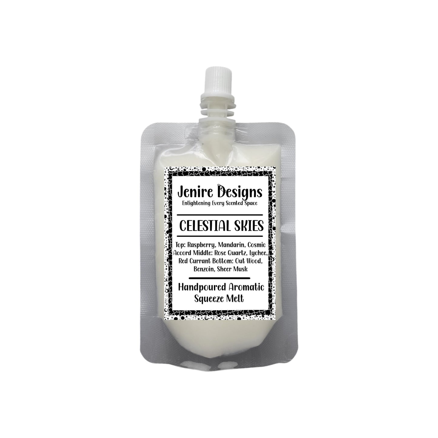 Elevate your space with the luxurious aroma of our Celestial Skies Squeezable Wax Melt (2.5 oz). Bursting with top notes of juicy raspberry and zesty mandarin, this heavenly blend is kissed by a celestial accord. The heart unfolds with the soft elegance of rose quartz, luscious lychee, and tart red currant. Anchored by a serene base of oud wood, warm benzoin, and sheer musk, this highly scented wax melt infuses your home with a soothing, refined energy. A squeeze of this wax melt transforms any room into a