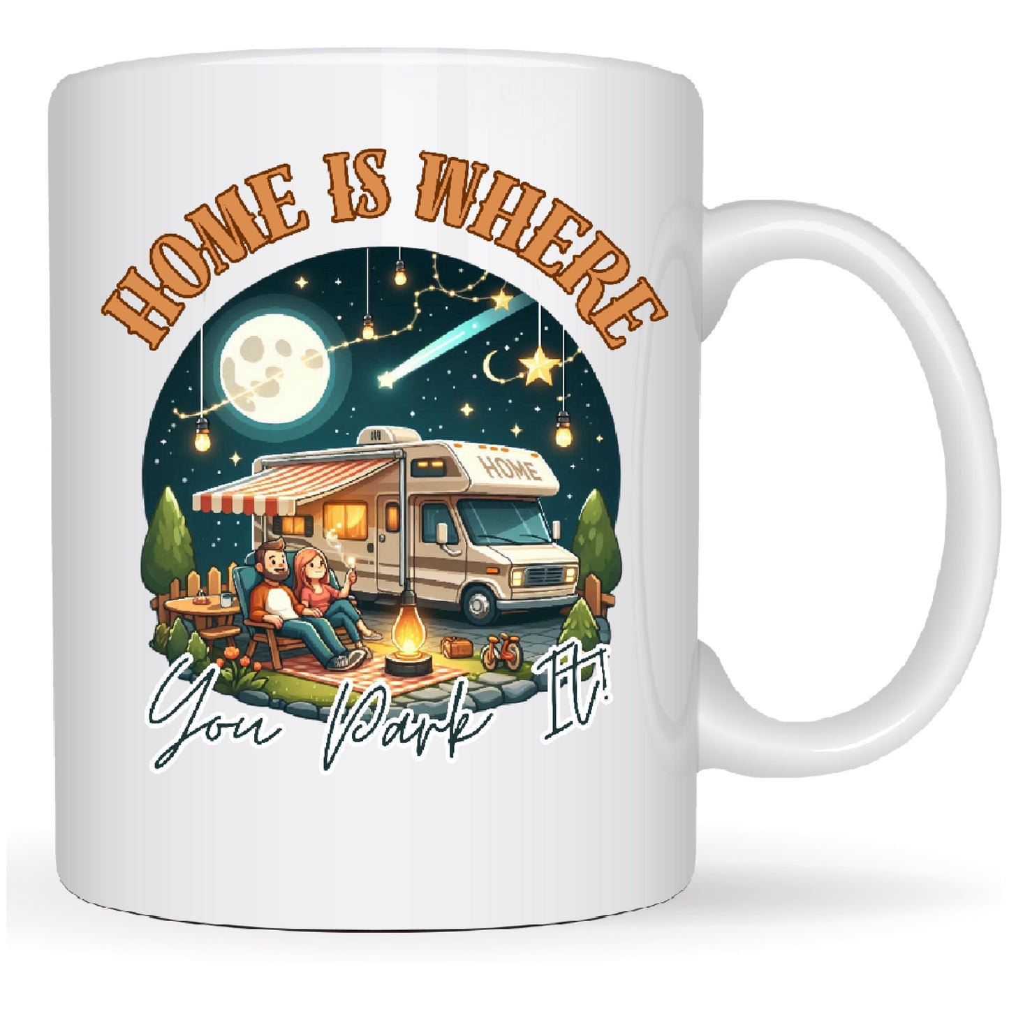 Home is Where You Park It camping mug candle with Irish Springs scent and crackling wood wick in an 11 oz reusable sublimation mug