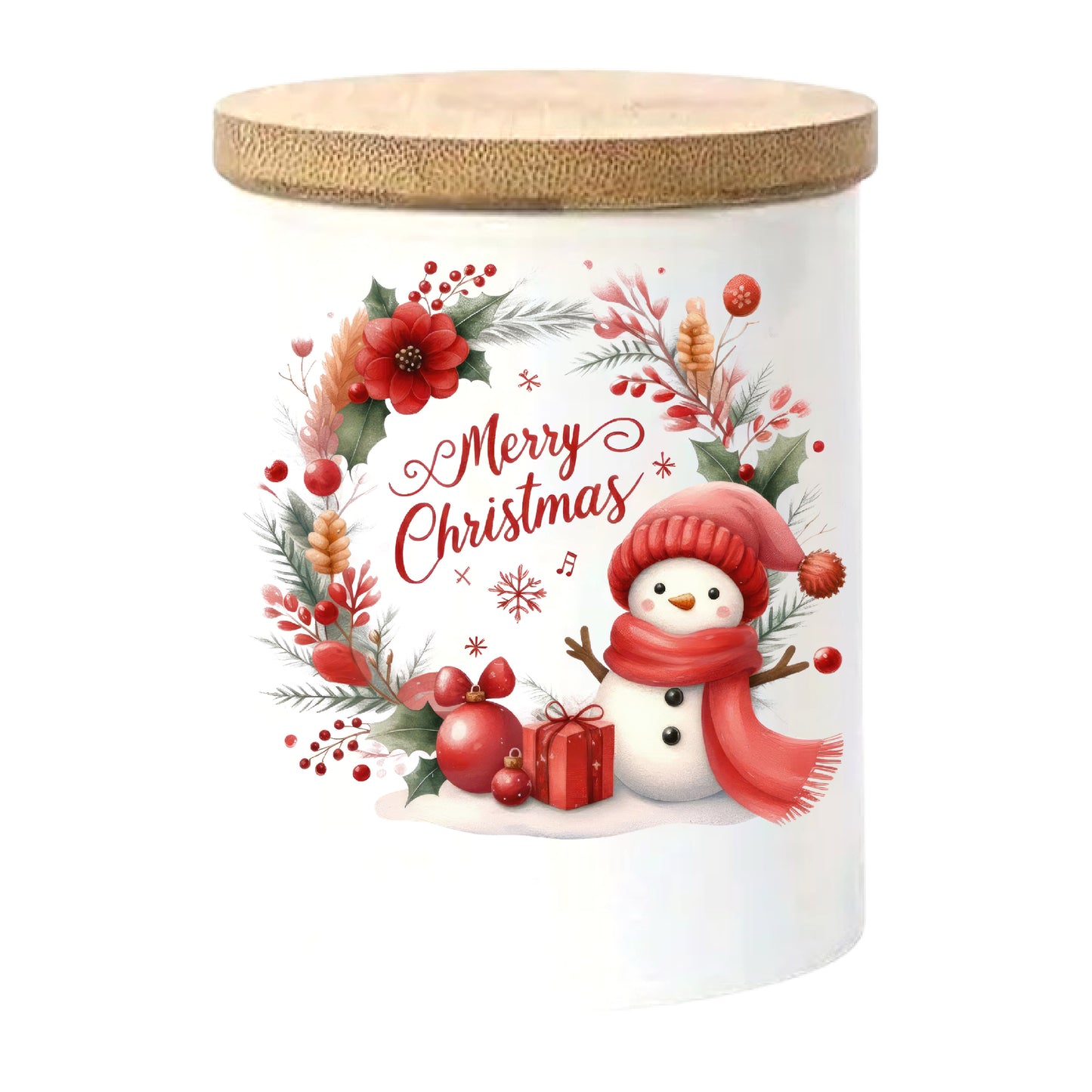 Merry Christmas Snowman | Christmas Holiday Soy Candle in Reusable Ceramic | Mahogany Teakwood Scent + Crackling Wood Wick
