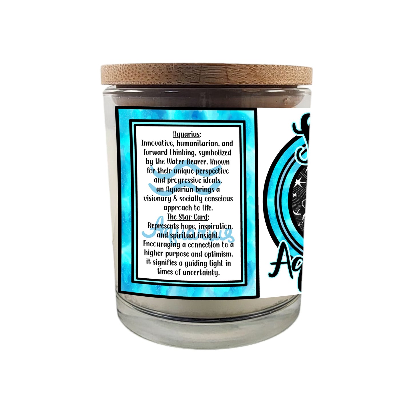 Aquarius and the star astrology and tarot cards in a 100% soy wax and a crackling wood wick candle
