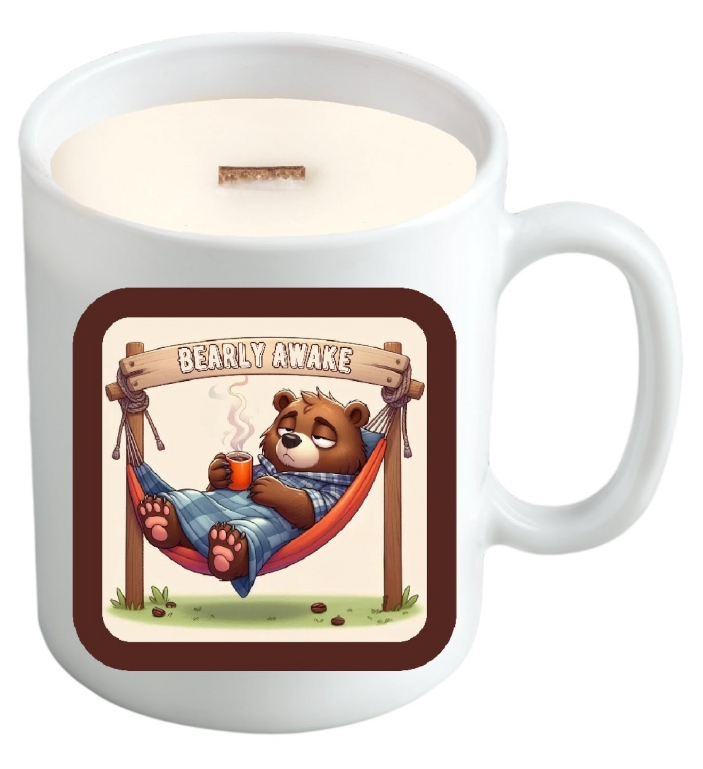 Bearly Awake – Funny Bear-Themed Soy Candle in Reusable Mug | Beach Wood Scent • Crackling Wood Wick
