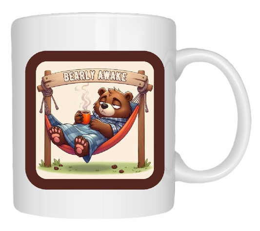 Bearly Awake – Funny Bear-Themed Soy Candle in Reusable Mug | Beach Wood Scent • Crackling Wood Wick