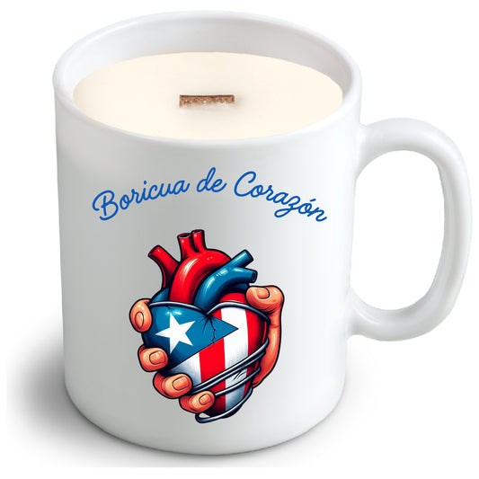 Boricua de Corazon | Puerto Rican Pride – Soy Candle in Reusable Mug | Pablo Santo Patchouli Scent + Crackling Wood Wick