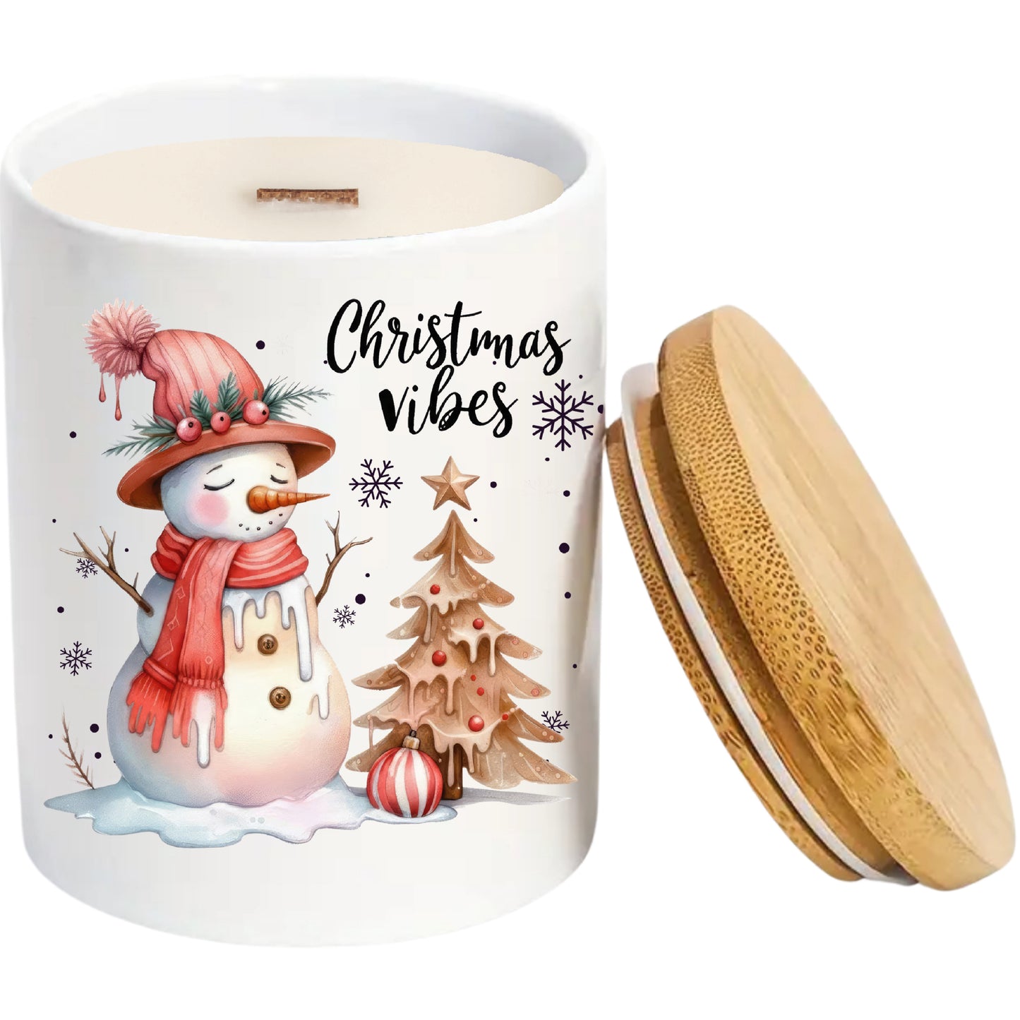 Merry Christmas Vibes | Christmas Holiday Soy Candle in Reusable Ceramic | Mahogany Teakwood Scent + Crackling Wood Wick
