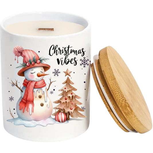 Merry Christmas Vibes | Christmas Holiday Soy Candle in Reusable Ceramic | Mahogany Teakwood Scent + Crackling Wood Wick