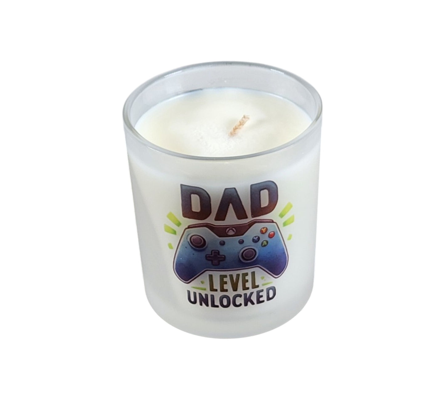 Dad Level Unlocked | Mahogany Teakwood Type Soy Candle | 8 oz | Sublimated Glass Jar | Jenire Designs