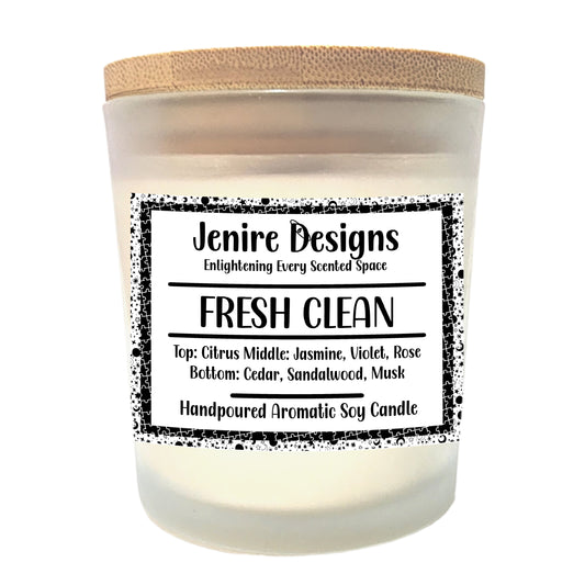 Awaken your space with pure serenity.
This Fresh Clean candle captures the scent of sun-warmed linen drifting on a breeze—bright citrus top notes soften into airy jasmine and violet petals, all grounded by calming sandalwood, cedar, and soft musk.

Fragrance Profile:

Top Notes: Sparkling Bergamot &amp; Orange Zest

Heart Notes: Delicate Rose, Jasmine &amp; Violet

Base Notes: Sandalwood, Cedar, &amp; Velvety Musk