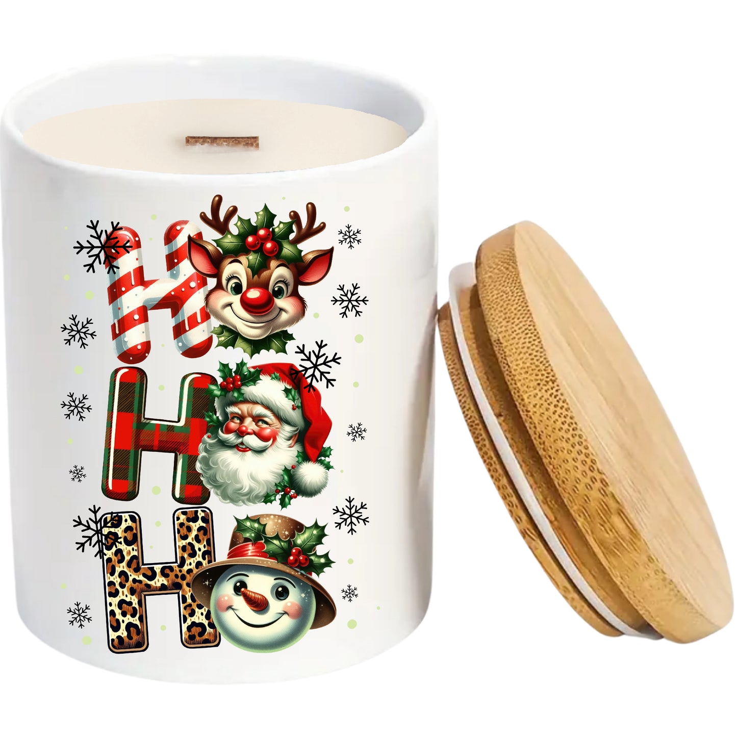 Ho Ho Ho Merry Christmas | Christmas Holiday Soy Candle in Reusable Ceramic | Tobacco Caramel Scent + Crackling Wood Wick