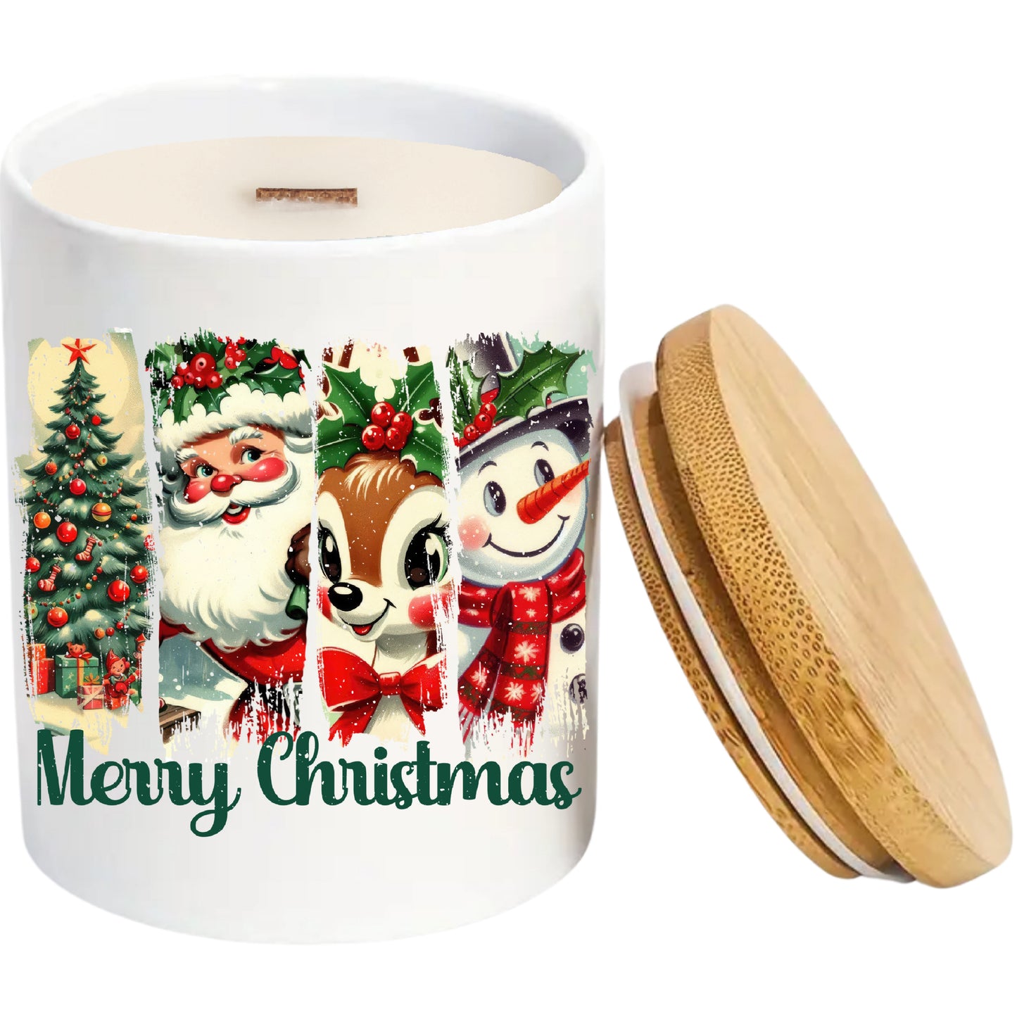 Merry Christmas | Christmas Holiday Soy Candle in Reusable Ceramic | Cozy Cabin Scent + Crackling Wood Wick