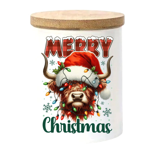 Merry Christmas Highland Cow| Christmas Holiday Soy Candle in Reusable Ceramic | North Bark Scent + Crackling Wood Wick
