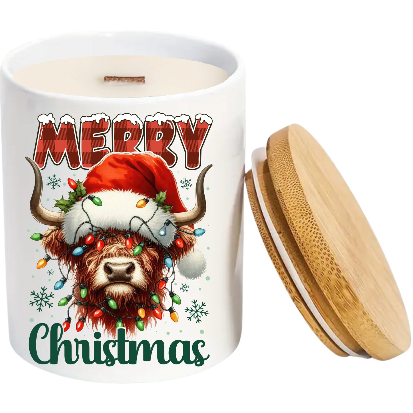 Merry Christmas Highland Cow| Christmas Holiday Soy Candle in Reusable Ceramic | North Bark Scent + Crackling Wood Wick