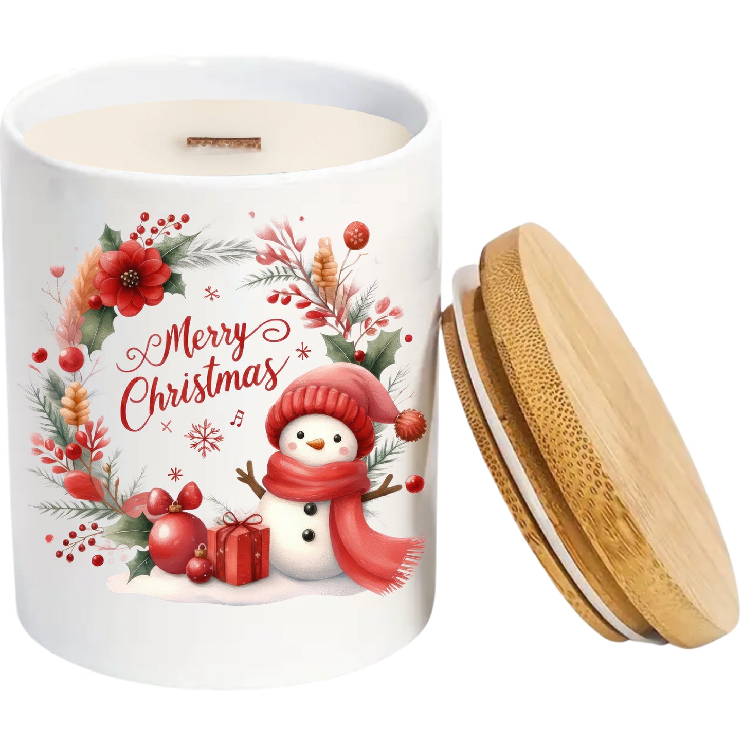 Merry Christmas Snowman | Christmas Holiday Soy Candle in Reusable Ceramic | Mahogany Teakwood Scent + Crackling Wood Wick