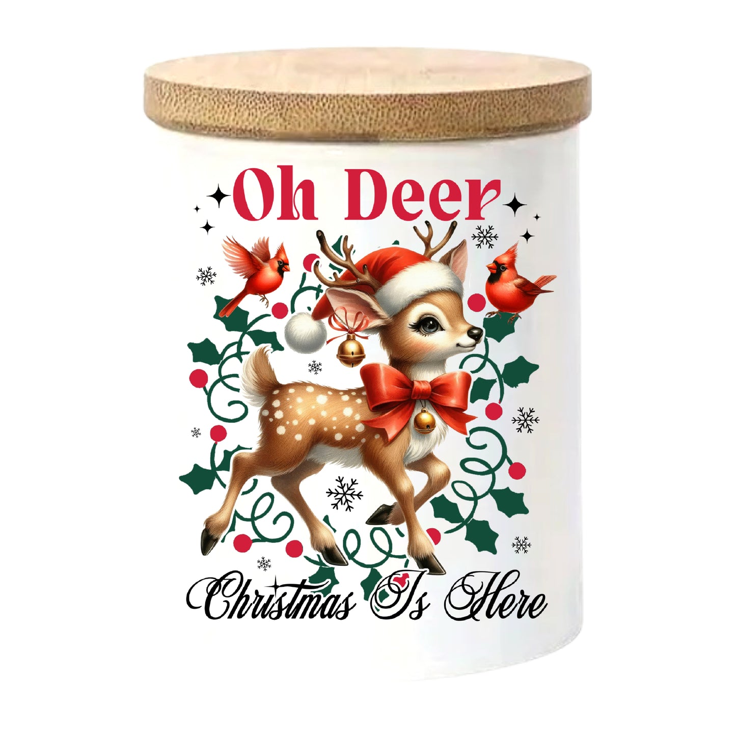 Oh Dear Christmas is Here | Christmas Holiday Soy Candle in Reusable Ceramic | Winter Wonderland Scent + Crackling Wood Wick