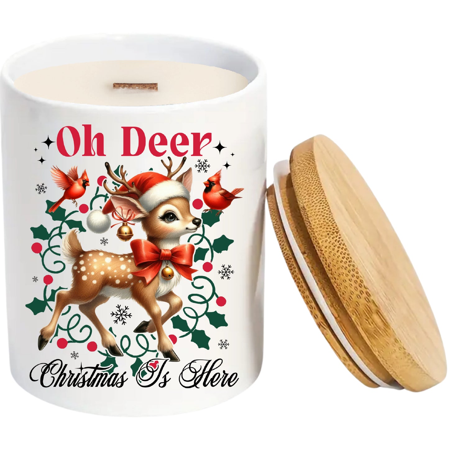 Oh Dear Christmas is Here | Christmas Holiday Soy Candle in Reusable Ceramic | Winter Wonderland Scent + Crackling Wood Wick