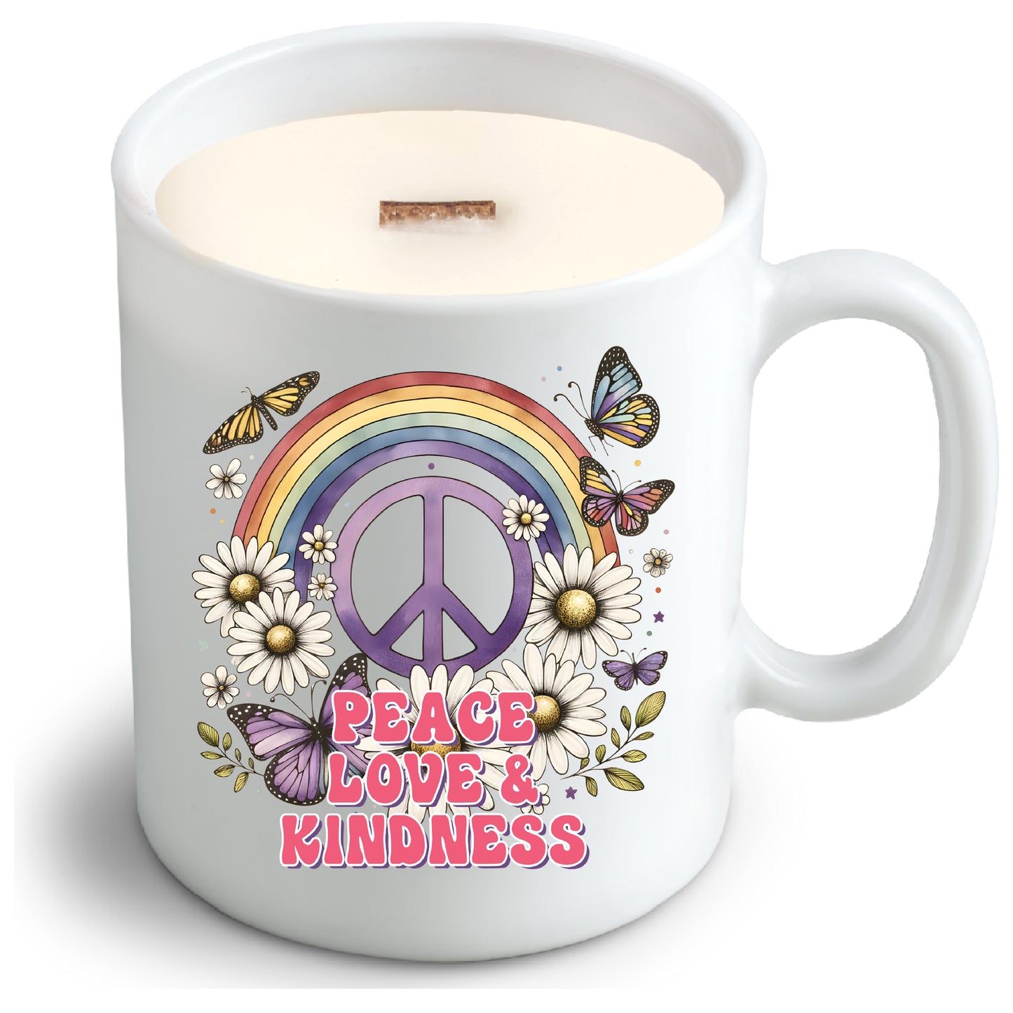 Peace Love and Kindness – Soy Candle in Reusable Mug | Egyptian Amber Scent + Crackling Wood Wick