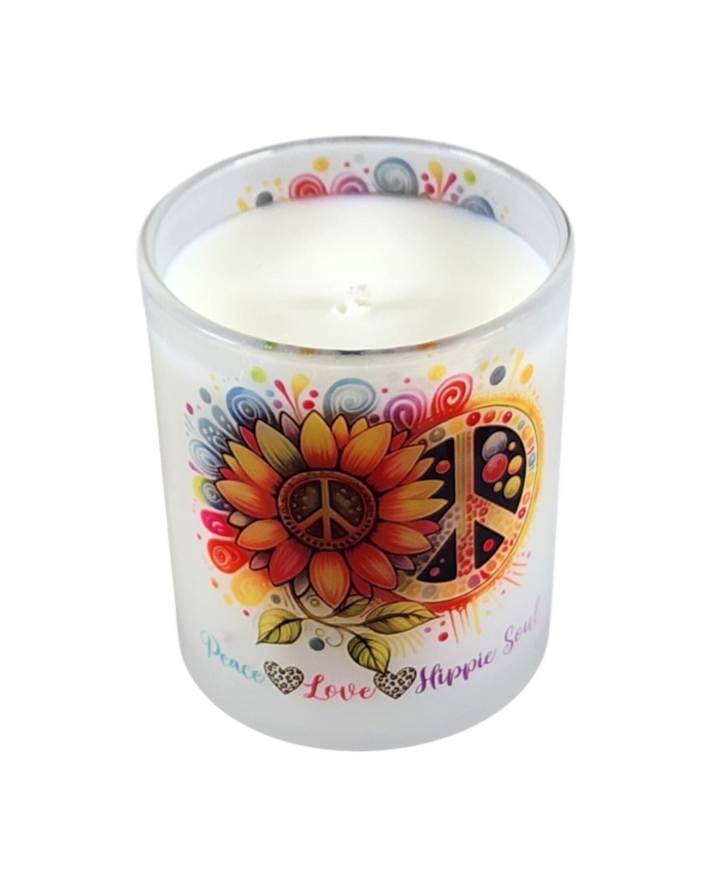 Peace Love Hippie Soul | Fire Roasted Marshmallow Type Soy Candle | 8 oz | Sublimated Glass Jar | Jenire Designs