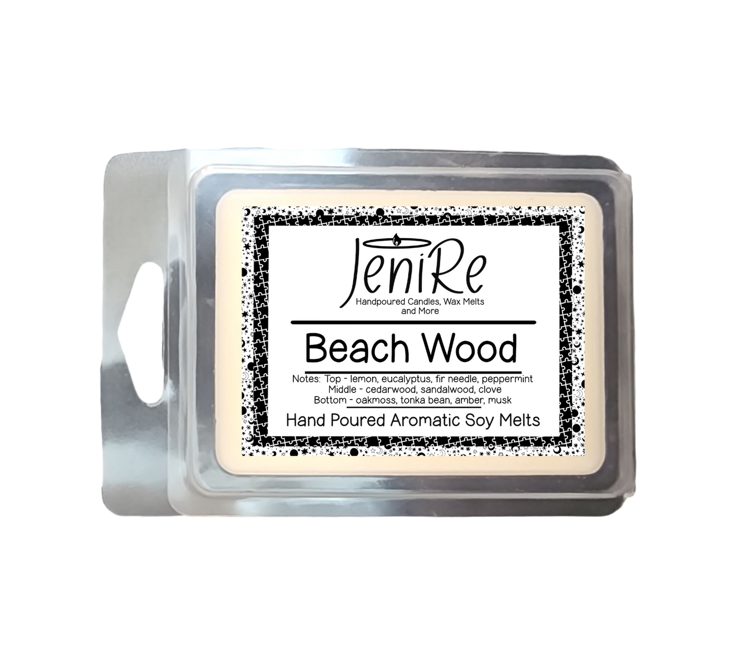 Create a soothing atmosphere with Beach Wood Soy Wax Scented Melts. Transform your space with invigorating lemon and eucalyptus scents, complemented by warm notes of sandalwood and cedarwood. Awaken your senses and unwind with the blend of fragrances including fir needle, peppermint, clove, oakmoss, tonka bean, amber, and musk.