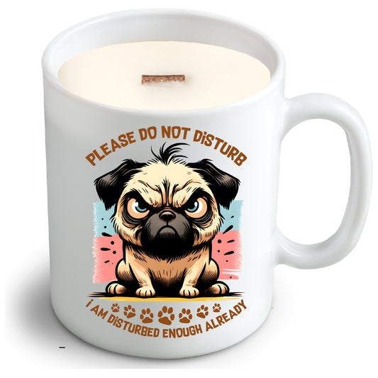 Please Don’t Disturb. I’m Already Disturbed – Funny Soy Candle in Reusable Mug | Tobacco Caramel Scent + Crackling Wood Wick