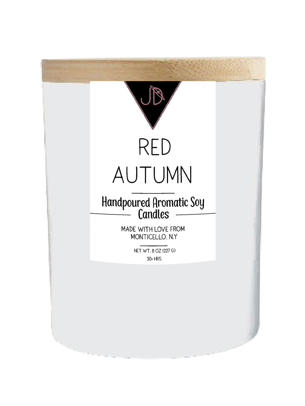 The scent of an orchard in October — crisp, spiced, unmistakably fall. Red Autumn opens with green apple, sweetened by peach, warming into red hot cinnamon and clove. It settles into a smooth tonka base that rounds everything out.

A true classic — nostalgic, cozy, and instantly recognizable the moment it's lit.

Hand-poured in small batches in Monticello, NY using clean-burning soy wax and a cotton wick, Red Autumn burns true to scent for 30+ hours. Finished with a natural wood lid for a warm, minimal look