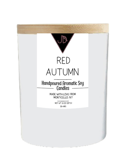 The scent of an orchard in October — crisp, spiced, unmistakably fall. Red Autumn opens with green apple, sweetened by peach, warming into red hot cinnamon and clove. It settles into a smooth tonka base that rounds everything out.

A true classic — nostalgic, cozy, and instantly recognizable the moment it's lit.

Hand-poured in small batches in Monticello, NY using clean-burning soy wax and a cotton wick, Red Autumn burns true to scent for 30+ hours. Finished with a natural wood lid for a warm, minimal look