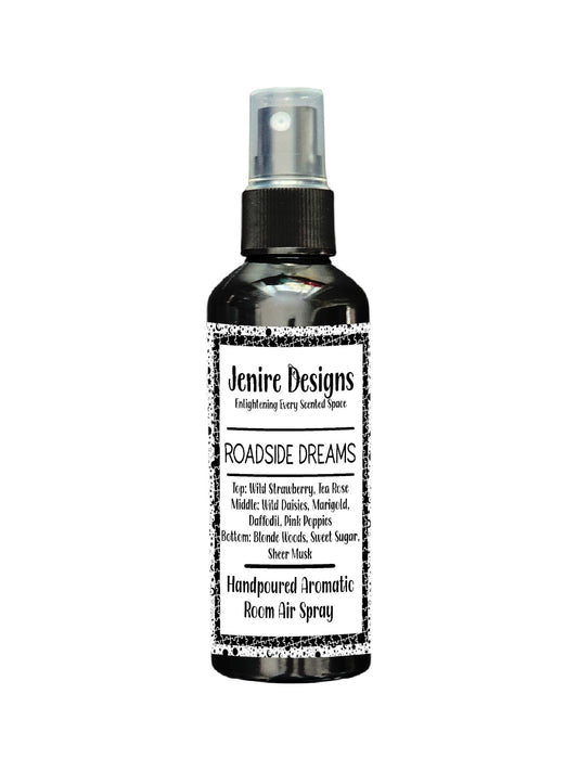 Discover our 3.5 Air Room Spray - Roadside Dreams. This one-of-a-kind spray combines top notes of Orange Blossom, Melon, Mandarin, Peach, Bergamot, Brazilian Rosewood, and Lemon, middle notes of Cyclamen, Osmanthus, Orris Root, Jasmine, and Rose, and bottom notes of Sandalwood, Amber, Oakmoss, Cedar, and Musk. It's an all-season fragrance that captures the perfect balance of sweet, floral, and musky scents, inspired by the natural wonders of the outdoors.