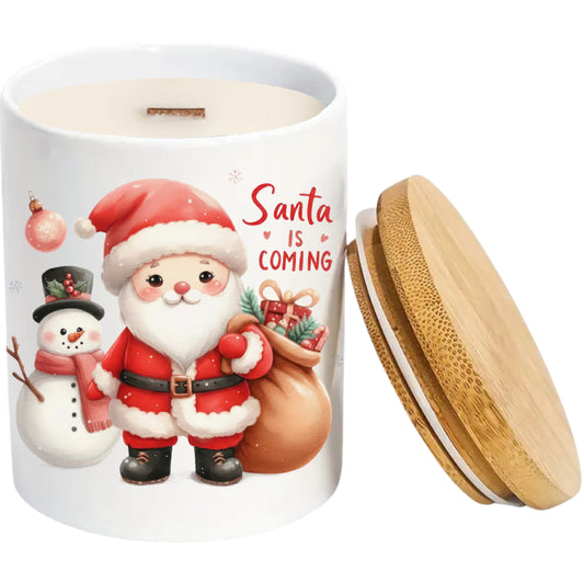Santa is Coming | Christmas Holiday Soy Candle in Reusable Ceramic | Tobacco Caramel Scent + Crackling Wood Wick