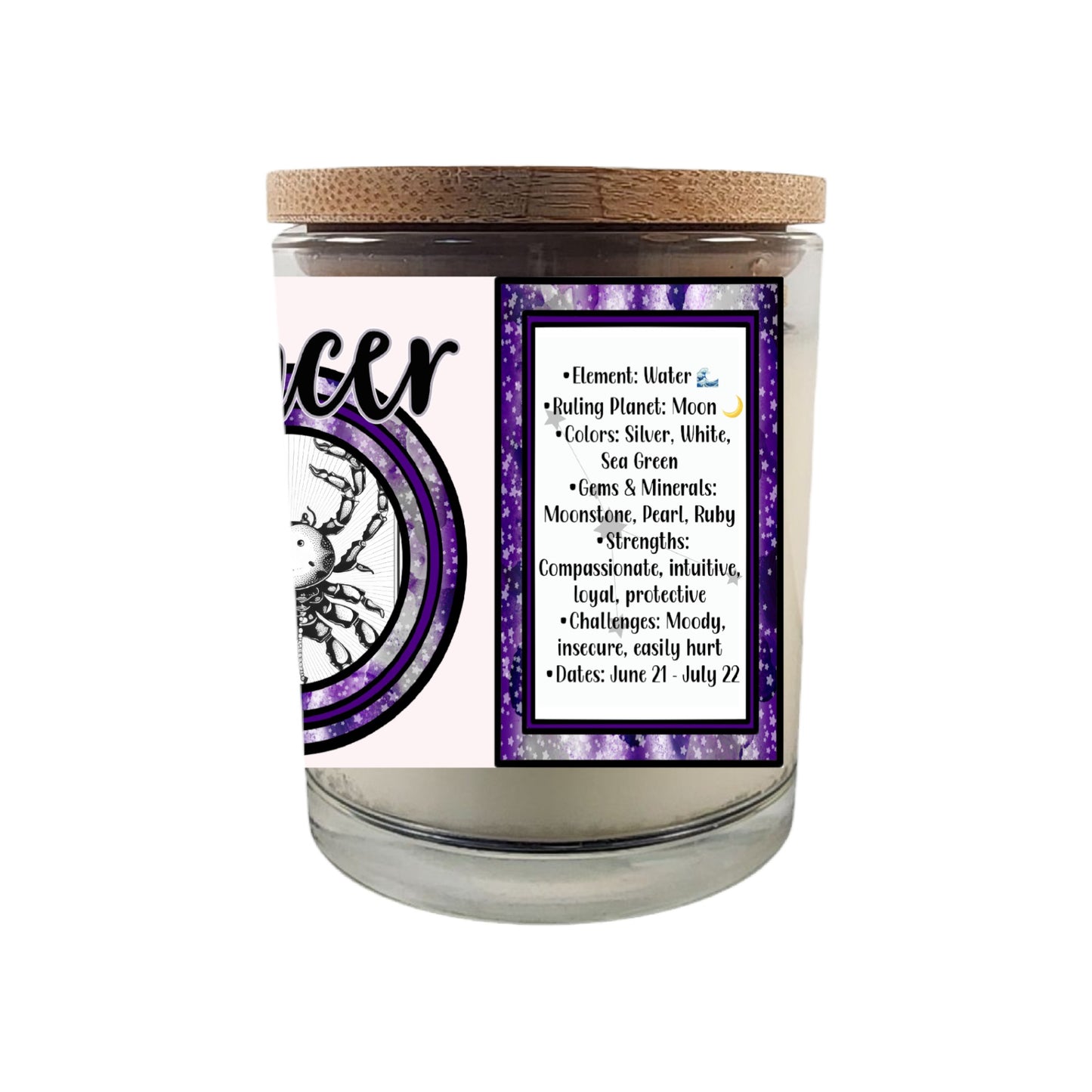 Celebrate the compassionate and intuitive spirit of Cancer with our 8 oz Crackling Wood Wick Soy Candle, designed to reflect the nurturing and emotional qualities of those born between June 21 and July 22. This astrology-inspired candle makes an ideal gift for Cancer birthdays, providing both ambiance and a personalized horoscope reading to enhance your connection with the stars.

Key Features:

Zodiac-Inspired Design: Tailored to embody Cancer's empathetic, protective, and intuitive personality.

Crackling