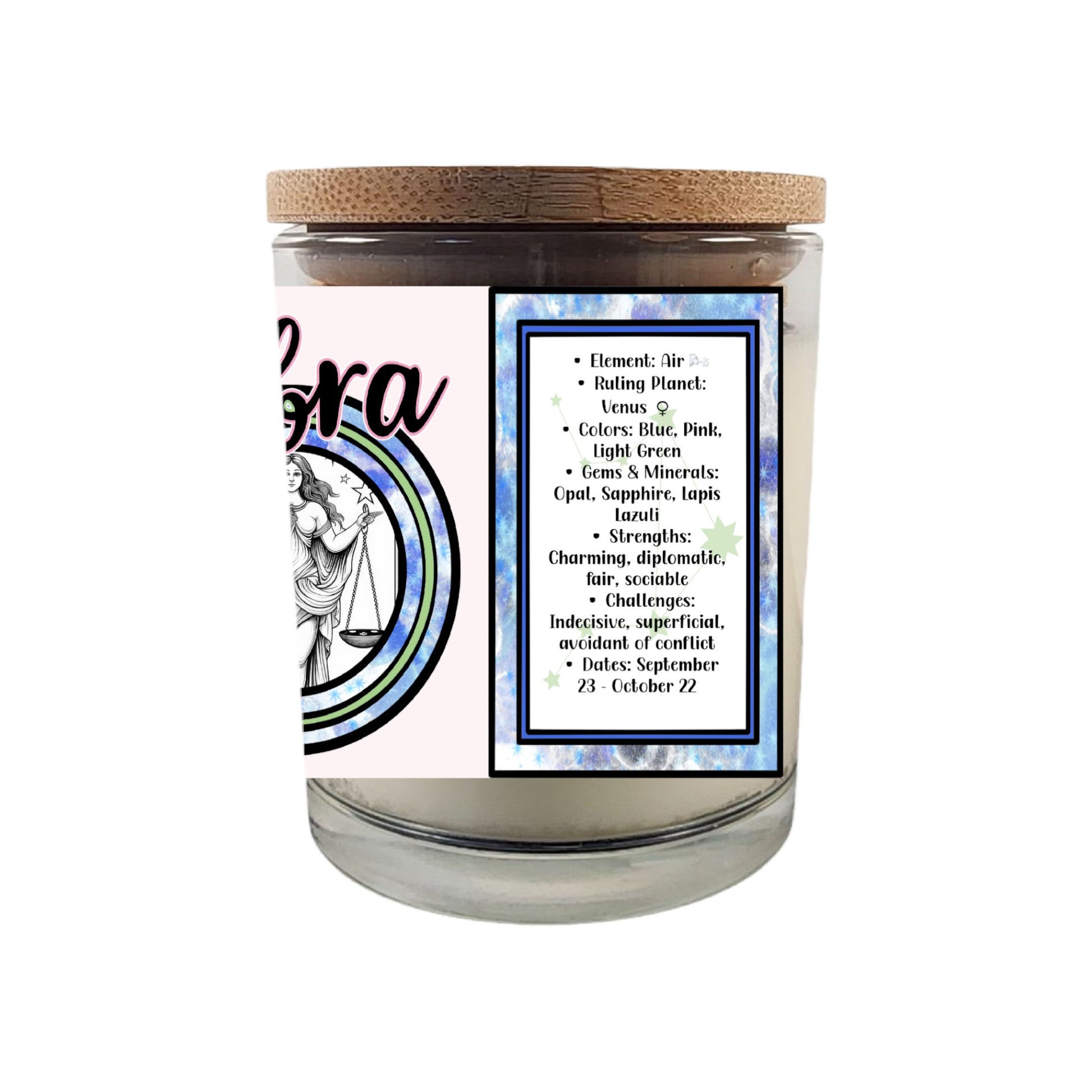 Celebrate the graceful charm of Libra with our 8 oz Crackling Wood Wick Soy Candle, designed to reflect the harmonious and diplomatic nature of those born between September 23 and October 22. This astrology-inspired candle is the perfect gift for September and October birthdays, offering a serene ambiance and personalized cosmic insight.&nbsp;

Key Features:

Zodiac-Inspired Design: Thoughtfully crafted to echo Libra’s balanced, romantic, and refined personality.

Crackling Wood Wick: Creates a soothing, fi
