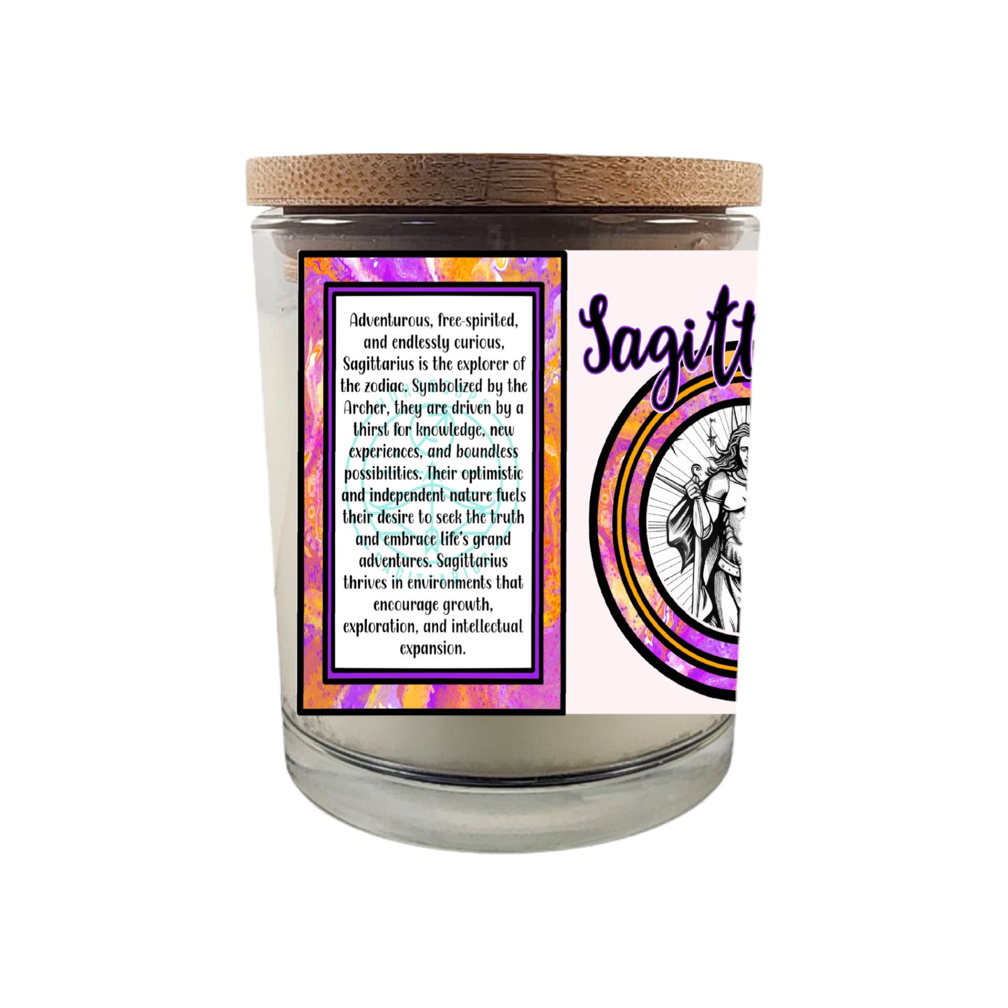 Celebrate the wild-hearted essence of Sagittarius with our 8 oz Crackling Wood Wick Soy Candle, designed to reflect the bold, curious nature of those born between November 22 and December 21. This astrology-inspired candle makes the perfect gift for November and December birthdays, igniting a sense of exploration, optimism, and fire sign vitality—paired with a personalized printed horoscope and free shipping for the ultimate celestial experience.

Key Features:

Zodiac-Inspired Design: Crafted to embody Sag