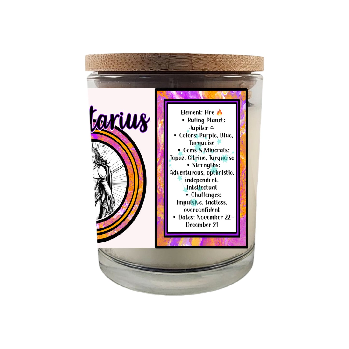 Celebrate the wild-hearted essence of Sagittarius with our 8 oz Crackling Wood Wick Soy Candle, designed to reflect the bold, curious nature of those born between November 22 and December 21. This astrology-inspired candle makes the perfect gift for November and December birthdays, igniting a sense of exploration, optimism, and fire sign vitality—paired with a personalized printed horoscope and free shipping for the ultimate celestial experience.

Key Features:

Zodiac-Inspired Design: Crafted to embody Sag