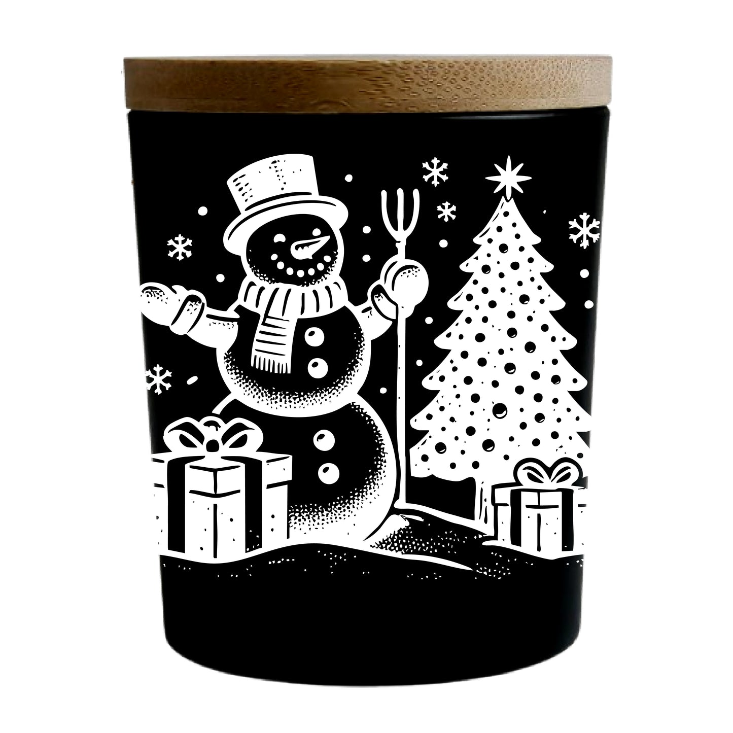 Snowman with Presents Under the Tree | Christmas Engraved Soy Candle | Cozy Cabin Type Scented + Crackling Wood Wick