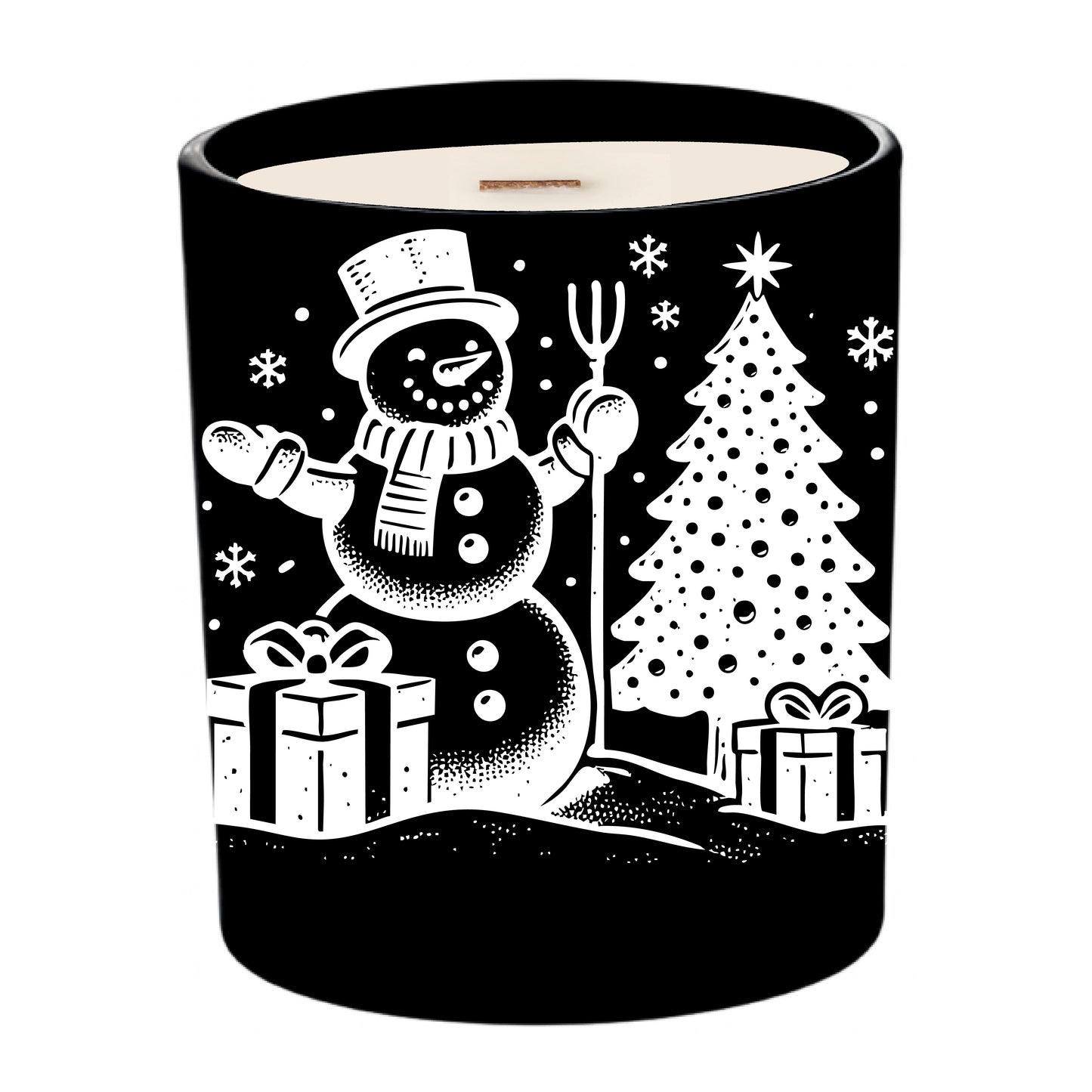 Snowman with Presents Under the Tree | Christmas Engraved Soy Candle | Cozy Cabin Type Scented + Crackling Wood Wick
