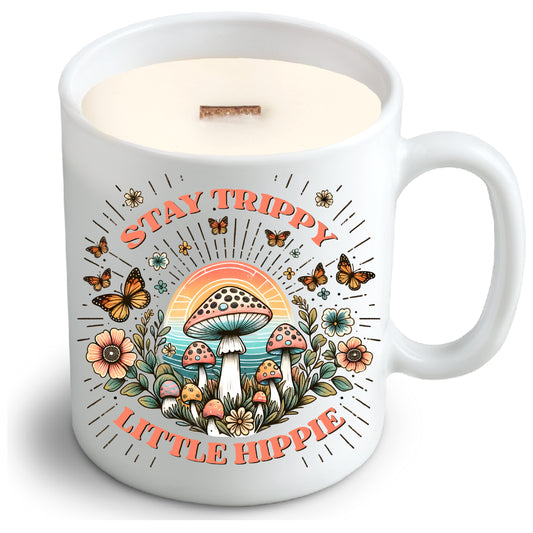 Stay Trippy Little Hippie – Soy Candle in Reusable Mug | Jamaica Me Crazy Scent + Crackling Wood Wick