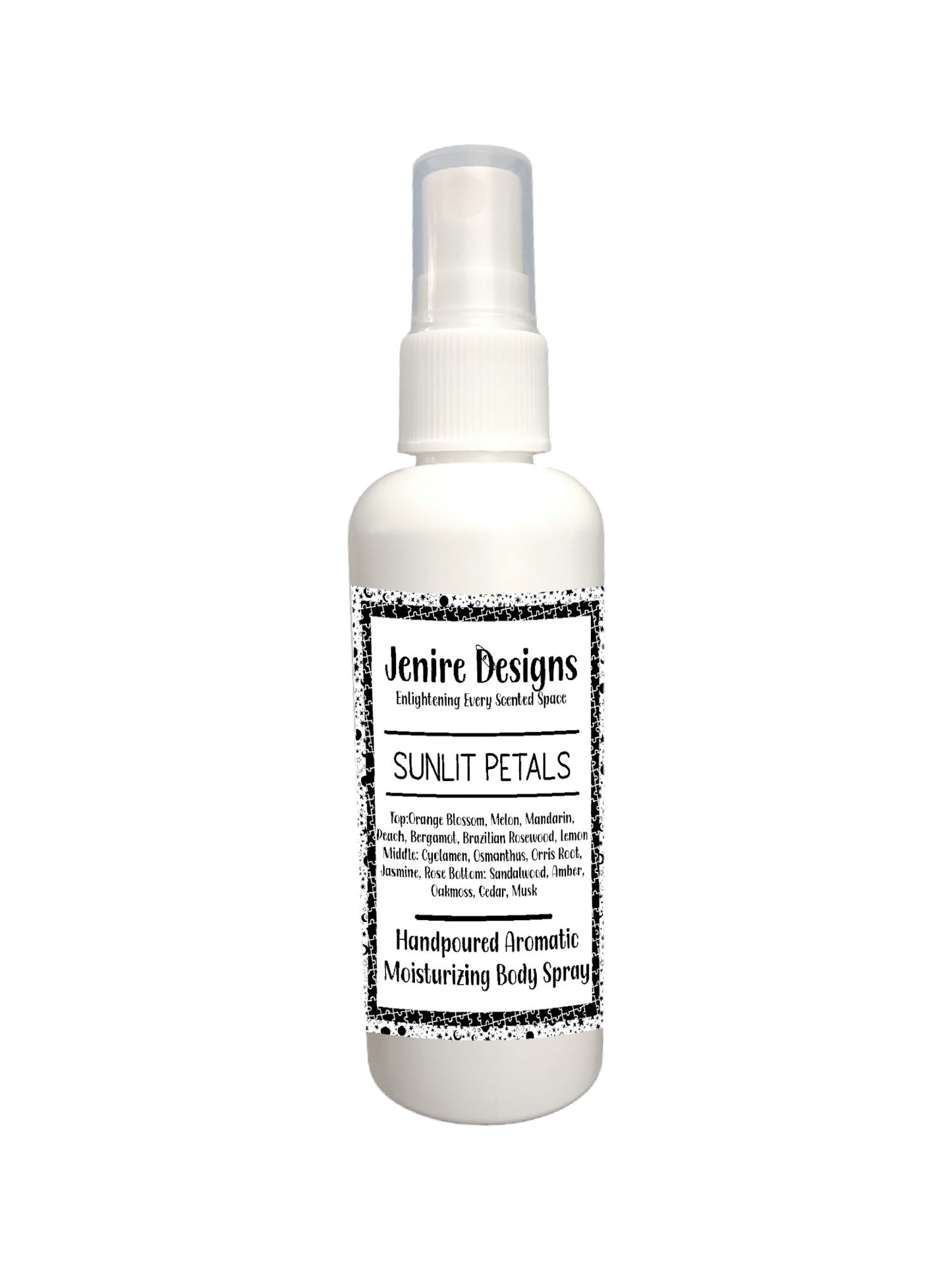 Discover the captivating aromas of nature with our Sunlit Petals 3.5 oz Moisturizing Spray. Expertly crafted with soy wax, this spray boasts a symphony of scents, blending fruity, floral, earthy, and woody notes for a truly enchanting experience. Perfect for every season, this fragrance invites relaxation and indulgence. Top notes include Orange Blossom, Melon, Mandarin, Peach, Bergamot, Brazilian Rosewood, and Lemon, while the middle features Cyclamen, Osmanthus, Orris Root, Jasmine, and Rose. Sandalwood, 